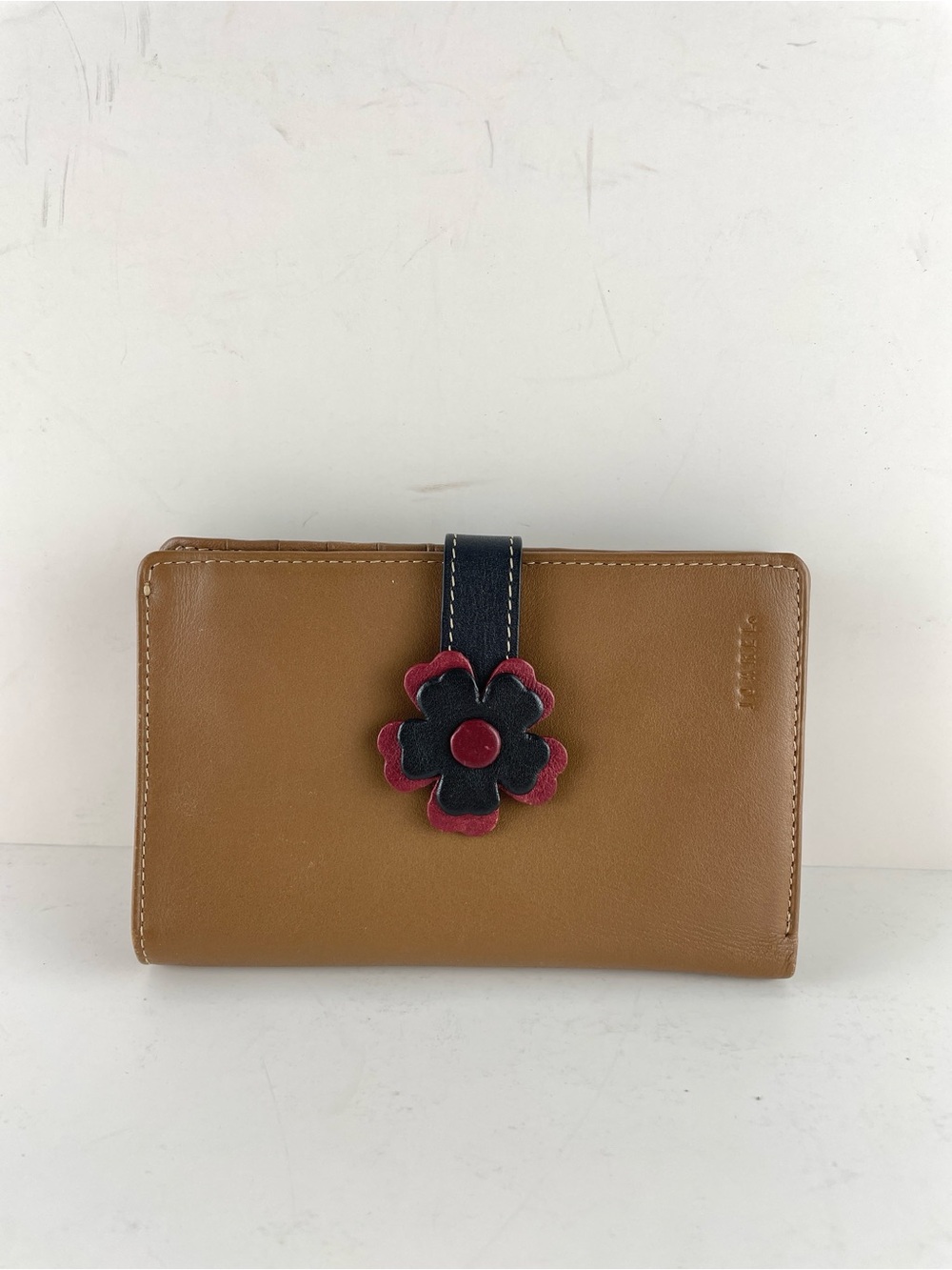 Joanel Genuine Leather Wallet Floral Snap Closure Camel Brown Quebec Made